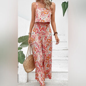 💖 Floral Boho Jumpsuit Wide Leg Summer Outfit L Flowy Chic Look 💖